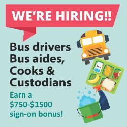 Image showing a school bus, cleaning supplies and a lunch tray. Words reading We are Hiring!